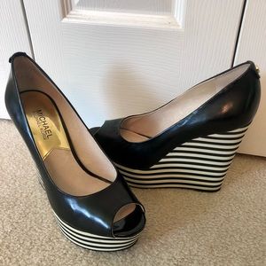 Size 8 Michael Kors Black/White Striped Wedge Heel